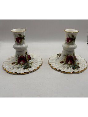 Vintage Hammersley Bone China Candlestick Holders Grandmother's Rose Set Spode S